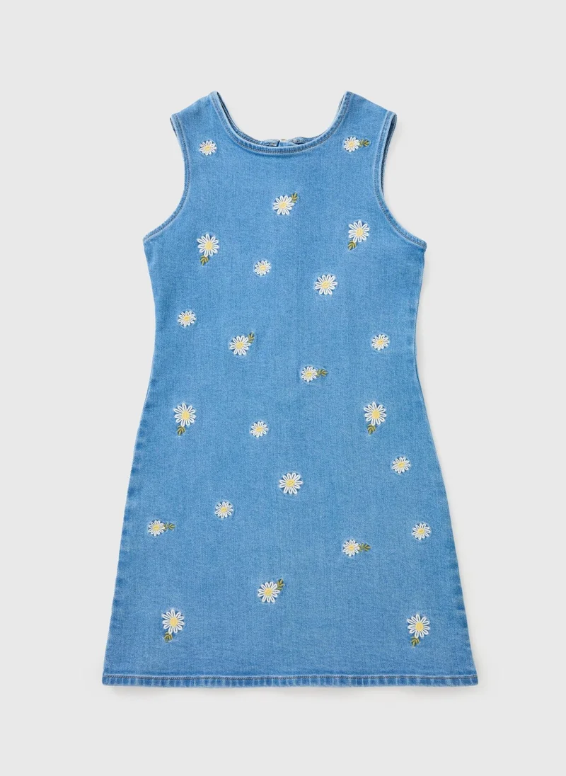 Matalan Girls Blue Daisy Embroidered Denim Dress